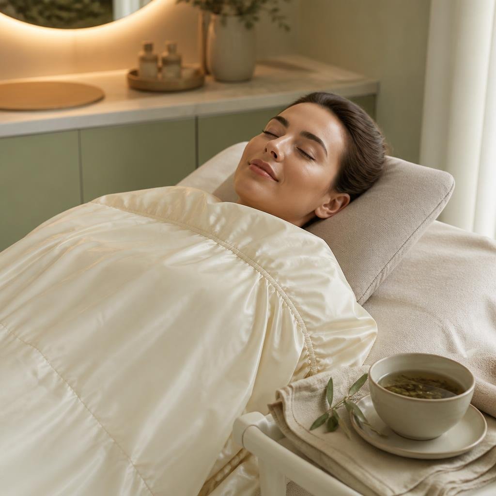 Paciente descansando sob manta térmica com chá detox ao lado durante o Método Lipo Slim